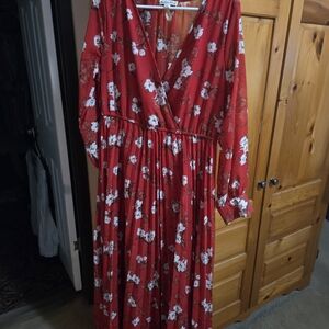 Chic Red Floral Long Sleeve Dress